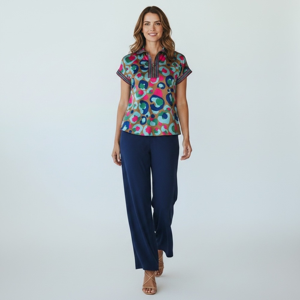 Emily McCarthy Poppy Pullover Top XS Abstract Multi Color Print Quarter-Zip Chic